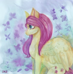 Size: 1608x1629 | Tagged: safe, artist:ske, derpibooru import, fluttershy, pegasus, pony, cute, daaaaaaaaaaaw, shyabetes, solo, traditional art, watercolor painting