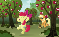 Size: 8000x5010 | Tagged: safe, artist:blackgryph0n, derpibooru import, apple bloom, applejack, earth pony, pony, apple, apple (company), apple tree, cutie mark, female, filly, food, jumping, mare, orchard, tree