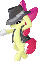 Size: 3122x5000 | Tagged: safe, artist:blackgryph0n, derpibooru import, apple bloom, earth pony, pony, beat it, bipedal, clothes, cosplay, costume, dancing, female, filly, grin, hat, hoof glove, jacket, looking at you, michael jackson, smiling, solo, suit