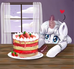 Size: 2333x2160 | Tagged: safe, artist:ske, derpibooru import, oc, oc only, pony, unicorn, cake, cloud, commission, food, fork, heart, solo, strawberry cake, window