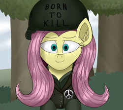 Size: 2416x2154 | Tagged: safe, artist:zweihander, derpibooru import, fluttershy, pegasus, pony, equestria at war mod, bust, clothes, cute, digital art, ear fluff, ears, female, full metal jacket, mare, military, military uniform, portrait, solo, text, uniform, war