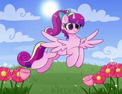 Size: 6352x4900 | Tagged: safe, artist:kittyrosie, derpibooru import, princess cadance, alicorn, pony, absurd resolution, alternate hairstyle, blushing, bow, chest fluff, cloud, cute, cutedance, female, flower, flying, grass, hair bow, mare, redraw, sky, solo, teen princess cadance