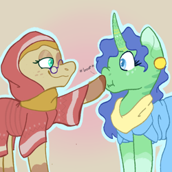 Size: 1100x1100 | Tagged: safe, artist:apatheticxaddict, derpibooru import, desert flower, nile faras, earth pony, pony, unicorn, alternate design, boop, clothes, colored pupils, ear piercing, female, glasses, headscarf, hijab, mare, piercing, scarf, simple background, somnambula resident