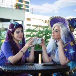 Size: 1021x1019 | Tagged: safe, artist:mieucosplay, artist:sarahndipity cosplay, derpibooru import, starlight glimmer, trixie, human, cape, clothes, cosplay, costume, cup, hat, irl, irl human, photo, teacup, trixie's cape, trixie's hat