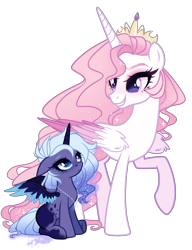 Size: 2200x2860 | Tagged: safe, artist:gihhbloonde, derpibooru import, princess celestia, princess luna, pony, colored wings, female, filly, multicolored wings, pink-mane celestia, simple background, transparent background, wings, woona, younger