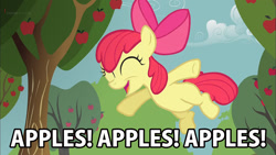 Size: 960x540 | Tagged: safe, derpibooru import, edit, edited screencap, screencap, apple bloom, earth pony, call of the cutie, apple, female, filly, solo, text, that pony sure does love apples