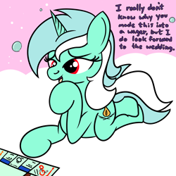 Size: 2000x2000 | Tagged: safe, artist:dafiltafish, derpibooru import, lyra heartstrings, oc, oc:hedone, pony, unicorn, comic:day by day, cloud, dialogue, game, monopoly, shapeshifter, solo, text