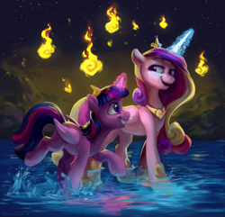 Size: 2910x2800 | Tagged: safe, artist:jewellier, artist:lummh, derpibooru import, princess cadance, twilight sparkle, twilight sparkle (alicorn), alicorn, pony, crown, cute, cutedance, duo, featured image, female, fire, glowing horn, grin, happy, hoof shoes, horn, jewelry, magic, mare, night, regalia, sisters-in-law, smiling, smoke, talking, twiabetes, walking, water