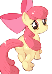 Size: 500x714 | Tagged: safe, artist:うにだま, derpibooru import, apple bloom, earth pony, pony, adorabloom, bloom butt, butt, cute, female, filly, frown, looking at you, looking back, looking back at you, plot, puppy dog eyes, solo