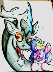 Size: 720x985 | Tagged: safe, artist:spirodraw, derpibooru import, discord, screwball, draconequus, earth pony, pony, bust, duo, fangs, female, grin, hat, male, propeller hat, sharp teeth, simple background, smiling, swirly eyes, teeth, traditional art, white background