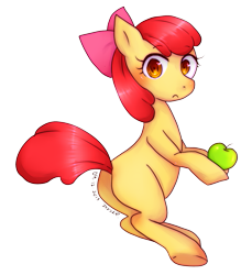 Size: 517x565 | Tagged: safe, artist:divskr, derpibooru import, apple bloom, earth pony, pony, apple, female, filly, food, looking at you, obligatory apple, solo