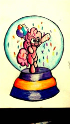 Size: 720x1280 | Tagged: safe, artist:spirodraw, derpibooru import, pinkie pie, earth pony, pony, balloon, bipedal, female, mare, smiling, snow globe, solo, traditional art