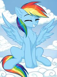 Size: 2446x3300 | Tagged: safe, artist:megabait, derpibooru import, rainbow dash, pegasus, pony, chest fluff, cloud, cute, eyes closed, sitting, sky, smiling, solo, spread wings, wings