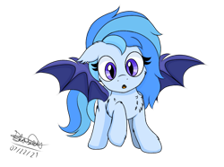 Size: 1900x1414 | Tagged: safe, artist:itsnovastarblaze, artist:swivel starsong, derpibooru import, oc, oc only, oc:ice fang, bat pony, pony, collaboration, cheek fluff, chest fluff, curious, ear fluff, ears, elbow fluff, fangs, female, fluffy, hoof fluff, leg fluff, mare, shoulder fluff, spread wings, standing, wings