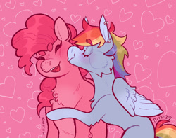 Size: 771x607 | Tagged: safe, artist:beyhr, derpibooru import, pinkie pie, rainbow dash, earth pony, pegasus, pony, blushing, chest fluff, eyes closed, female, happy, heart, hug, kissing, lesbian, pinkiedash, shipping, smiling