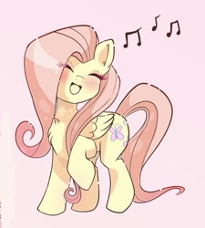 Size: 697x776 | Tagged: safe, artist:nin10ja, derpibooru import, fluttershy, pegasus, pony, blushing, chest fluff, cute, eyes closed, female, folded wings, head turned, mare, music notes, open mouth, raised hoof, raised leg, shyabetes, simple background, singing, solo, wings