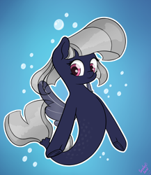 Size: 1000x1150 | Tagged: safe, artist:sealedseal, derpibooru import, oc, oc only, pegasus, pony, seapony (g4), blue background, bubble, dorsal fin, fin wings, fish tail, flowing mane, flowing tail, gray mane, looking at you, pink mane, seaponified, signature, simple background, smiling, solo, species swap, spread wings, swimming, tail, underwater, water, wings