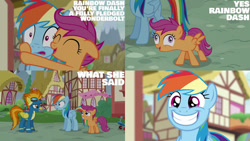 Size: 1280x720 | Tagged: safe, derpibooru import, edit, edited screencap, editor:quoterific, screencap, rainbow dash, scootaloo, spitfire, pegasus, pony, newbie dash, season 6, ^^, clothes, cute, dashabetes, derp, eyes closed, female, filly, goggles, grin, hug, mare, open mouth, smiling, uniform, wonderbolts uniform