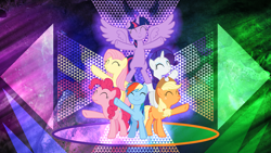 Size: 3840x2160 | Tagged: safe, artist:laszlvfx, derpibooru import, applejack, fluttershy, pinkie pie, rainbow dash, rarity, twilight sparkle, all bottled up, ^^, eyes closed, high res, mane six, wallpaper