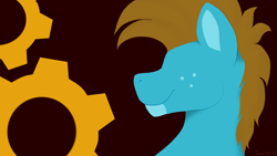 Size: 1920x1080 | Tagged: safe, artist:sursiq, derpibooru import, oc, oc only, oc:carbon, pegasus, pony, brown mane, freckles, gears, male, no eyes, pegasus oc, profile, profile view, simple, smiling, solo, stallion, wallpaper, watermark