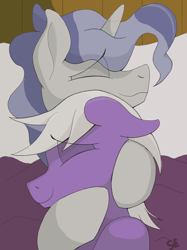 Size: 2256x3010 | Tagged: safe, artist:sefastpone, derpibooru import, silver script, star bright, pegasus, pony, unicorn, bed, cuddling, digital art, ears, eye clipping through hair, eyes closed, floppy ears, gay, horn, male, pillow, shipping, smiling, stallion, starscript