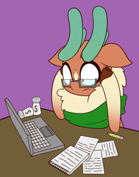 Size: 2228x2840 | Tagged: safe, artist:mrneo, derpibooru import, cashmere (tfh), deer, reindeer, them's fightin' herds, clothes, computer, distressed, food, glasses, laptop computer, paper, salt, scarf, solo, taxes