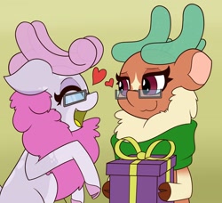 Size: 3039x2772 | Tagged: safe, artist:mrneo, derpibooru import, cashmere (tfh), oc, oc:mohair, them's fightin' herds, canon x oc, clothes, cute, glasses, heart, love, present, scarf, shipping