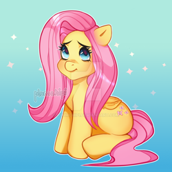Size: 1280x1280 | Tagged: safe, artist:plumchipi, derpibooru import, fluttershy, pegasus, pony, abstract background, deviantart watermark, female, folded wings, gradient background, looking away, looking up, mare, obtrusive watermark, outline, sitting, smiling, solo, sparkles, three quarter view, watermark, white outline, wings