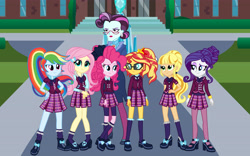 Size: 5500x3438 | Tagged: safe, artist:ktd1993, derpibooru import, applejack, fluttershy, pinkie pie, principal abacus cinch, rainbow dash, rarity, sunset shimmer, equestria girls, alternate universe, brainwashed, clothes, crystal prep academy uniform, humane five, school uniform