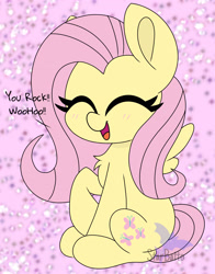 Size: 2836x3624 | Tagged: safe, artist:starbatto, derpibooru import, fluttershy, pegasus, pony, abstract background, blushing, cheering, chest fluff, cute, dialogue, eyes closed, female, high res, mare, open mouth, open smile, raised hoof, raised leg, shyabetes, sitting, smiling, solo, spread wings, three quarter view, wings