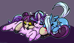 Size: 2696x1564 | Tagged: safe, artist:sexygoatgod, derpibooru import, starlight glimmer, trixie, oc, oc:banshee bye, pony, unicorn, amputee, broken horn, canon x oc, female, horn, lesbian, polyamory, prosthetics, sleeping