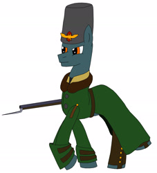 Size: 2727x3004 | Tagged: safe, artist:timejumper, derpibooru import, oc, oc only, earth pony, pony, series:soldiers of the coalition, bayonet, boots, clothes, fur hat, gaelic winter guard, gun, hat, republic of gaul, rifle, shoes, soldier, solo, trenchcoat, weapon, winter guard