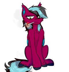 Size: 1018x1062 | Tagged: safe, artist:meaxtonly, derpibooru import, oc, oc only, oc:razzmatazz gleam, bat pony, hybrid, pegasus, pony, female, smoking, solo