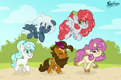 Size: 5682x3780 | Tagged: safe, artist:fluffyxai, derpibooru import, oc, oc only, oc:earthern spark, oc:nine the divine, oc:quick glow, oc:scenic spatter, oc:stratus, kirin, pegasus, pony, unicorn, absurd resolution, blushing, chibi, flying, looking at someone, looking at you, one eye closed, outdoors, roller skates, spread wings, walking, wings, wink, winking at you