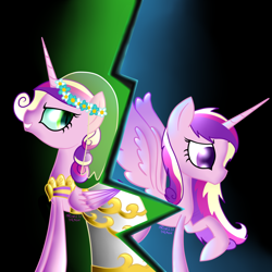 Size: 1280x1280 | Tagged: safe, artist:pixels-and-ponies, derpibooru import, princess cadance, queen chrysalis, pony, a canterlot wedding, clothes, disguise, disguised changeling, dress, duality, wedding dress