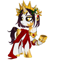 Size: 2500x2700 | Tagged: safe, artist:rowcliffe, derpibooru import, oc, oc only, oc:princess marigold, pony, unicorn, bracelet, crown, ear piercing, earring, eyeshadow, female, gold, horn, horn ring, jewelry, makeup, mare, midas touch, piercing, raised hoof, raised leg, regalia, ring, ruby, simple background, solo, white background