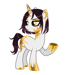 Size: 2500x2700 | Tagged: safe, alternate version, artist:rowcliffe, derpibooru import, oc, oc only, oc:princess marigold, pony, unicorn, eyeshadow, female, gold, makeup, mare, midas touch, nudity, raised hoof, raised leg, simple background, solo, white background