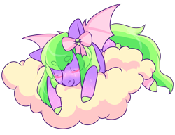 Size: 1300x1000 | Tagged: safe, artist:lavvythejackalope, derpibooru import, oc, oc only, bat pony, pony, bat pony oc, bat wings, bow, cloud, colored hooves, commission, eyes closed, hair bow, on a cloud, simple background, sleeping, solo, transparent background, wings, ych result