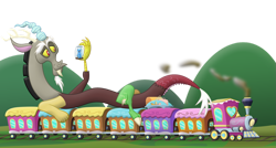 Size: 1221x655 | Tagged: safe, artist:frogem, derpibooru import, discord, trixie, draconequus, pony, cage, female, giantess, holding, looking at something, luggage, lying down, macro, male, micro, moutain, simple background, smoke, train, transparent background