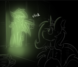 Size: 613x526 | Tagged: source needed, safe, artist:ralek, oc, oc only, pegasus, unicorn, fallout equestria, black background, female, glow, glowing, looking at each other, mare, radiation, simple background, tongue, tongue out