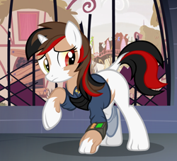 Size: 1110x1010 | Tagged: safe, artist:anonymous, oc, oc:blackjack, pony, unicorn, fallout equestria, fallout equestria: project horizons, /mlp/, /ptfg/, clothes, dock, fanfic art, female, fusing fingers, heterochromia, human to pony, mare, mid-transformation, pipbuck, raised hoof, raised leg, show accurate, solo, species swap, transformation, transgender transformation, vault suit, worried