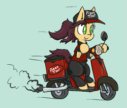 Size: 773x655 | Tagged: safe, anonymous artist, oc, oc only, earth pony, /mlp/, 4chan, baseball cap, clothed ponies, cute, delivery pony, drawthread, female, hat with ear holes, motion lines, nyoom, ocbetes, pizza, pizza thot, scooter, shirt, simple background, solo, thot & ready