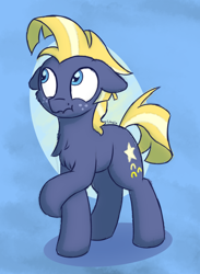 Size: 950x1300 | Tagged: safe, artist:litrojia, derpibooru import, star tracker, earth pony, pony, abstract background, cheek fluff, chest fluff, ears, floppy ears, looking away, male, nervous, scrunchy face, shrunken pupils, solo