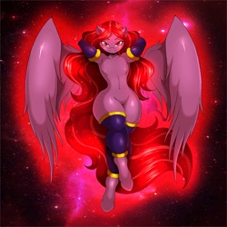 Size: 1080x1080 | Tagged: safe, artist:suirano, derpibooru import, oc, oc only, oc:seraphic crimson, anthro, pegasus, unguligrade anthro, arm behind head, armpits, bedroom eyes, clothes, commission, digital art, evening gloves, featureless crotch, femboy, gloves, long gloves, looking at you, male, nudity, solo, spread wings, stockings, tail, thigh highs, thighs, wings