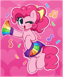 Size: 3752x4581 | Tagged: safe, artist:kittyrosie, derpibooru import, pinkie pie, earth pony, pony, blushing, cheerleader, cheerleader outfit, cheerleader pinkie, clothes, cute, diapinkes, female, looking at you, mare, music notes, one eye closed, open mouth, open smile, redraw, smiling, smiling at you, solo, wink, winking at you