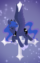 Size: 2600x4032 | Tagged: safe, artist:aimmeblue, derpibooru import, princess luna, alicorn, pony, beautiful, beautiful wings, butt, colored, cross, crown, cute, digital art, dream walker luna, dreamscape, eyelashes, eyes closed, female, flying, high res, holy, hoof shoes, horn, inverted cross, jewelry, lunabetes, majestic, mare, moonbutt, night, night sky, peytral, raised hoof, raised leg, regalia, sky, solo, spread wings, stars, sweet dreams fuel, weapons-grade cute, wing fluff, wings