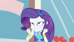 Size: 3410x1920 | Tagged: safe, derpibooru import, screencap, rarity, display of affection, equestria girls, equestria girls series, bracelet, clothes, cutie mark, cutie mark on clothes, female, geode of shielding, hairpin, jewelry, magical geodes, rarity peplum dress, smiling, solo