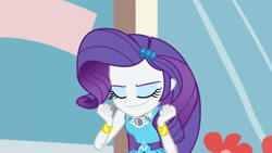 Size: 3410x1920 | Tagged: safe, derpibooru import, screencap, rarity, display of affection, equestria girls, equestria girls series, bracelet, clothes, cutie mark, cutie mark on clothes, eyes closed, female, geode of shielding, hairpin, jewelry, magical geodes, rarity peplum dress, smiling, solo