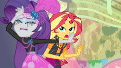 Size: 3410x1920 | Tagged: safe, derpibooru import, screencap, rarity, sunset shimmer, display of affection, equestria girls, equestria girls series, clothes, crying, cutie mark, cutie mark on clothes, eyes closed, female, geode of empathy, hairpin, jacket, jewelry, leather, leather jacket, magical geodes, makeup, marshmelodrama, necklace, open mouth, rarity being rarity, running makeup
