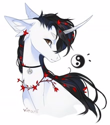Size: 1816x2058 | Tagged: safe, artist:magicbalance, artist:vitanistarcat, derpibooru import, oc, oc only, pony, unicorn, curved horn, ear fluff, ears, horn, simple background, solo, white background, yin-yang